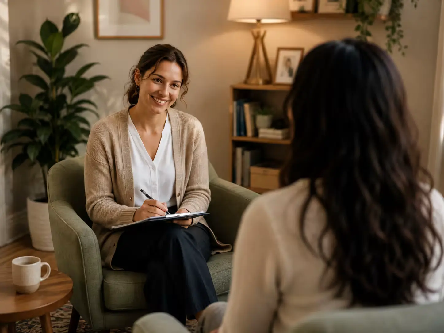 A clinician and client in a warm, residential-style session room