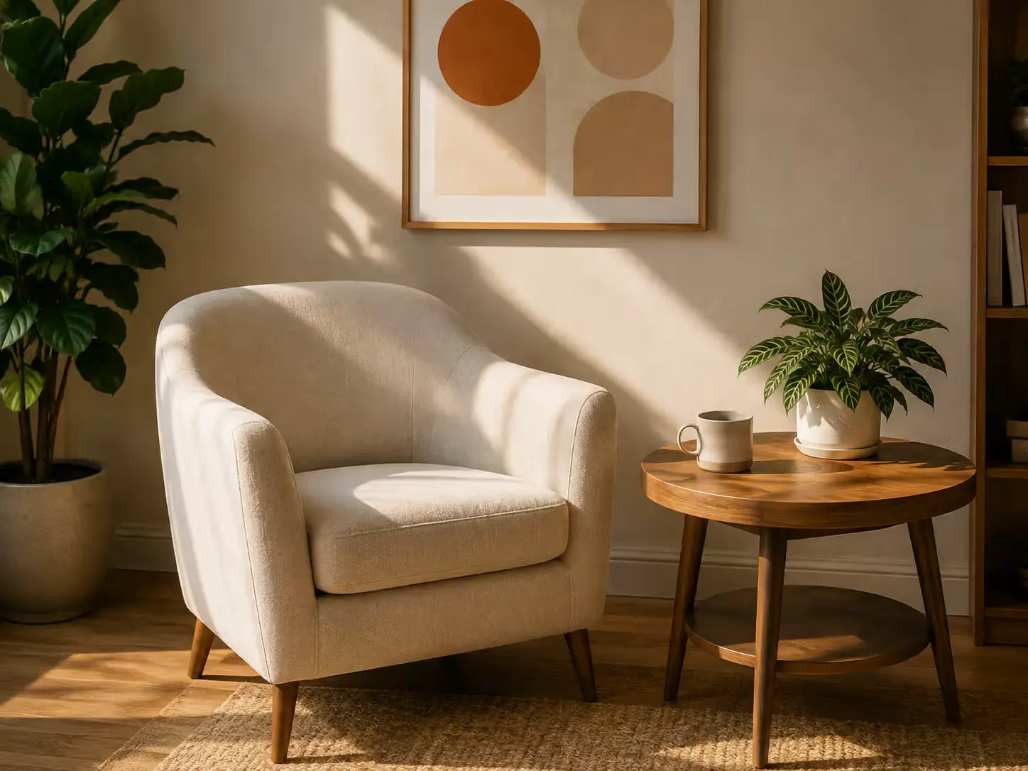 Empty therapy office seating area with a plant and warm lighting